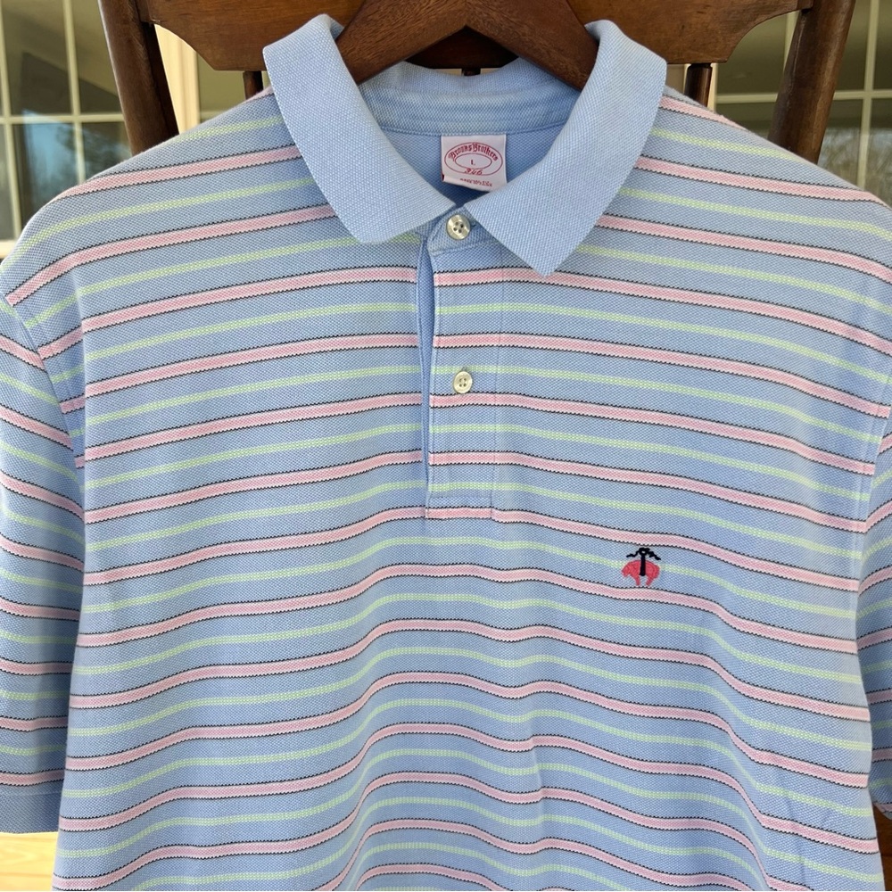 Brooks Brothers 346 Original Fit Cotton Blue Pink Stripe Polo Shirt Large